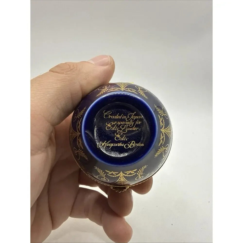 Vintage Estee Lauder Cobalt Blue Ball Trinket Box Gold Accents *